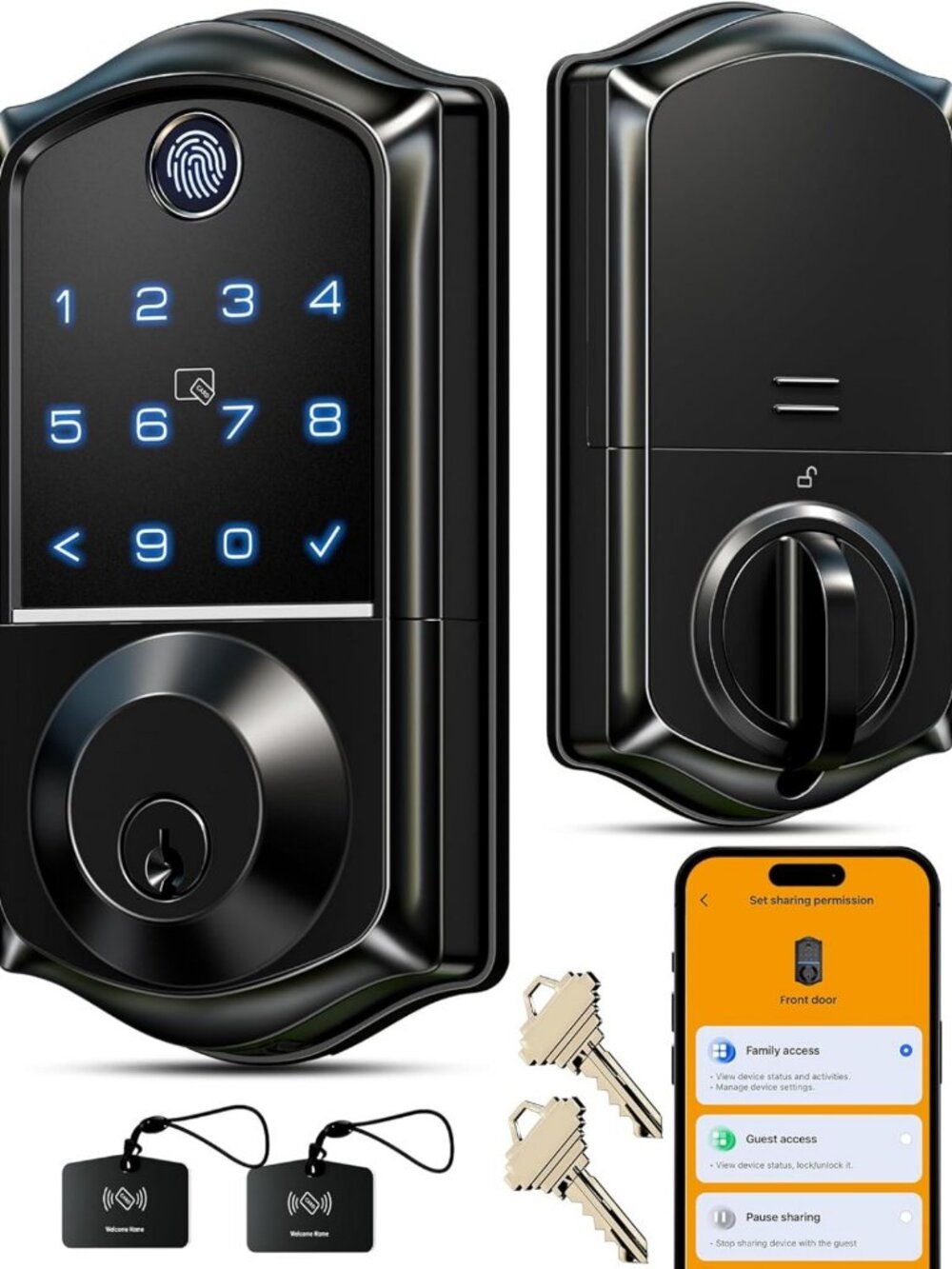 Smart Fingerprint Door Lock with App Control - Matte Black, Keyless Entry